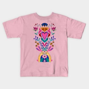 Watercolor folk flowers rabbit lizard bird symmetrical mirrored exotic hand painted illustration modern design Kids T-Shirt